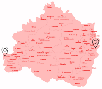 grafische Karte mit Markierungen der Standorte KEB Pfalz und KEB Saarland